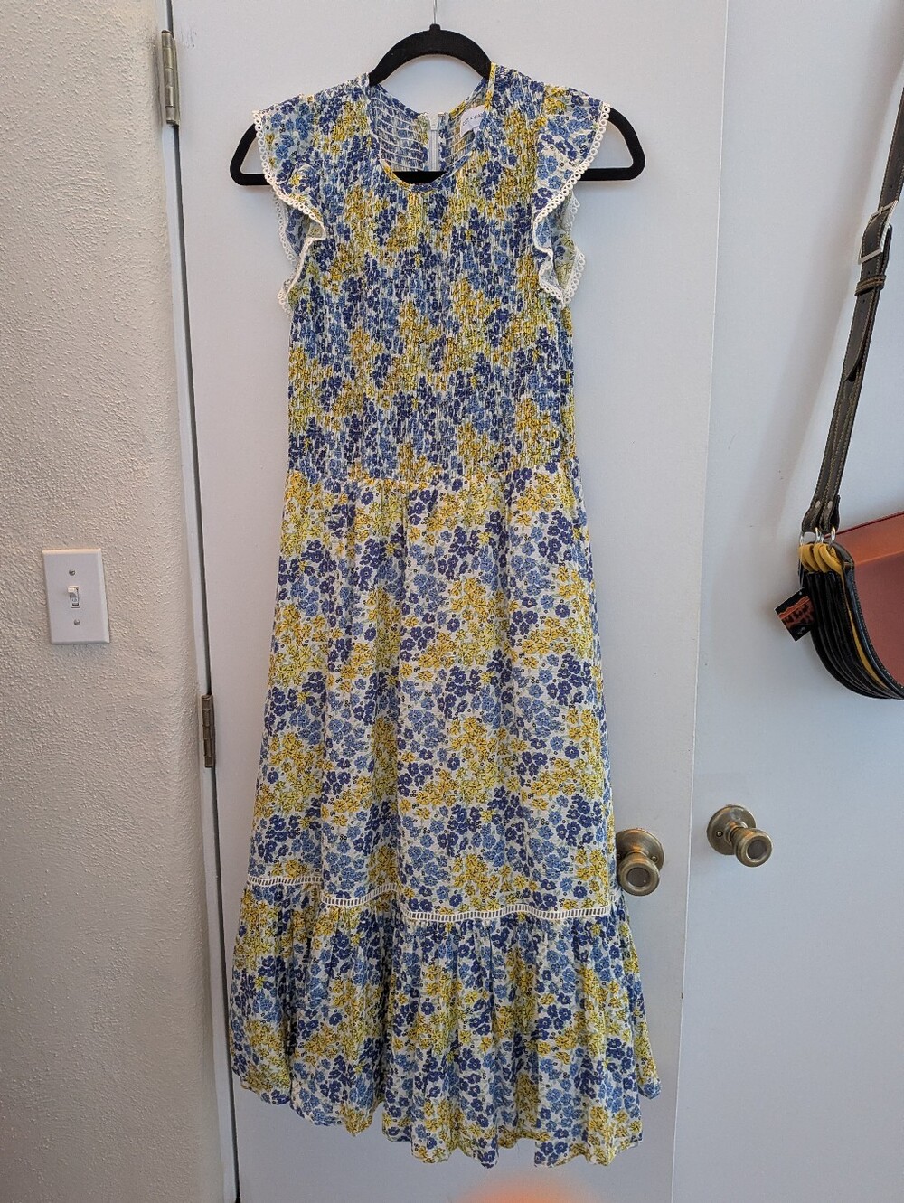 Floral Ruffle Dress in Blue and Yellow 100% Rayon Medium Like New, Lost+Wander